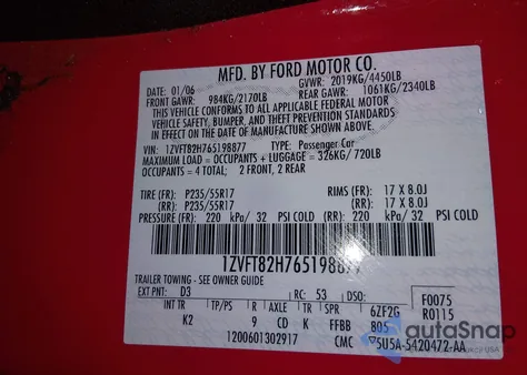 2006 Ford Mustang Gt z USA, uszkodzony, nr VIN 1ZVFT82H765198877